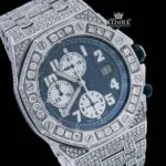 Blue Chronograph Dial Standard Numerals Fully Iced Out Moissanite Watch Close Up Dial View