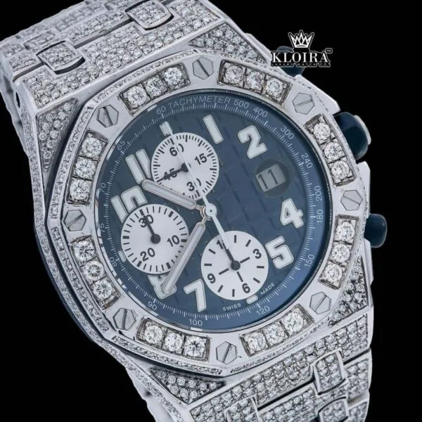 Blue Chronograph Dial Standard Numerals Fully Iced Out Moissanite Watch Close Up Dial View