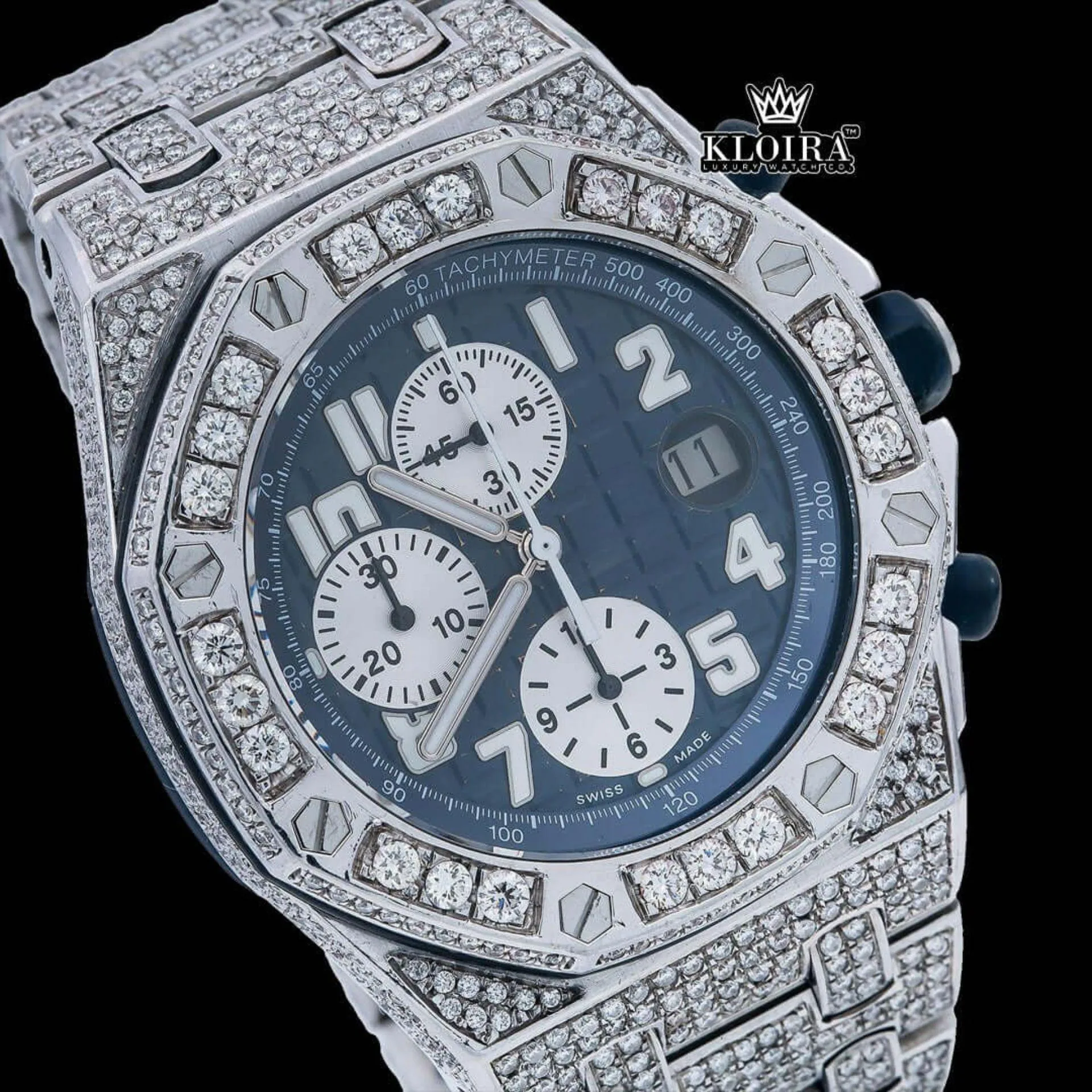 Blue Chronograph Dial Standard Numerals Fully Iced Out Moissanite Watch Close Up Dial View