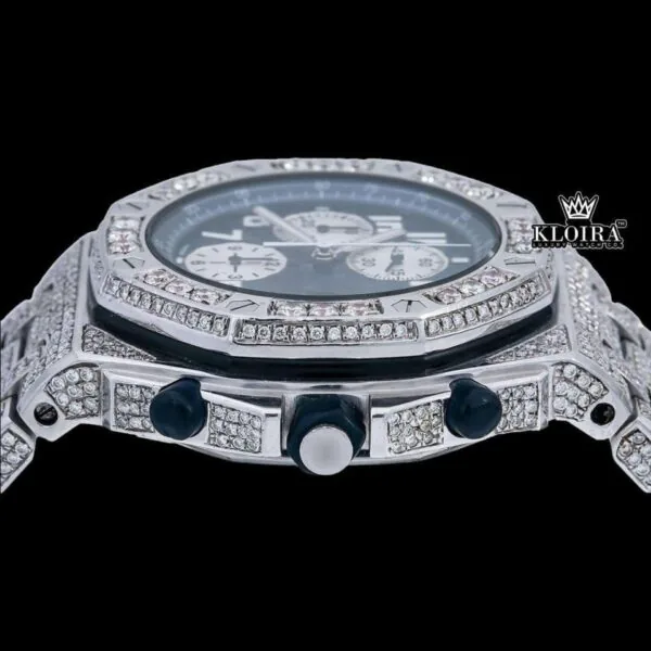 Blue Chronograph Dial Standard Numerals Fully Iced Out Moissanite Watch Crown View