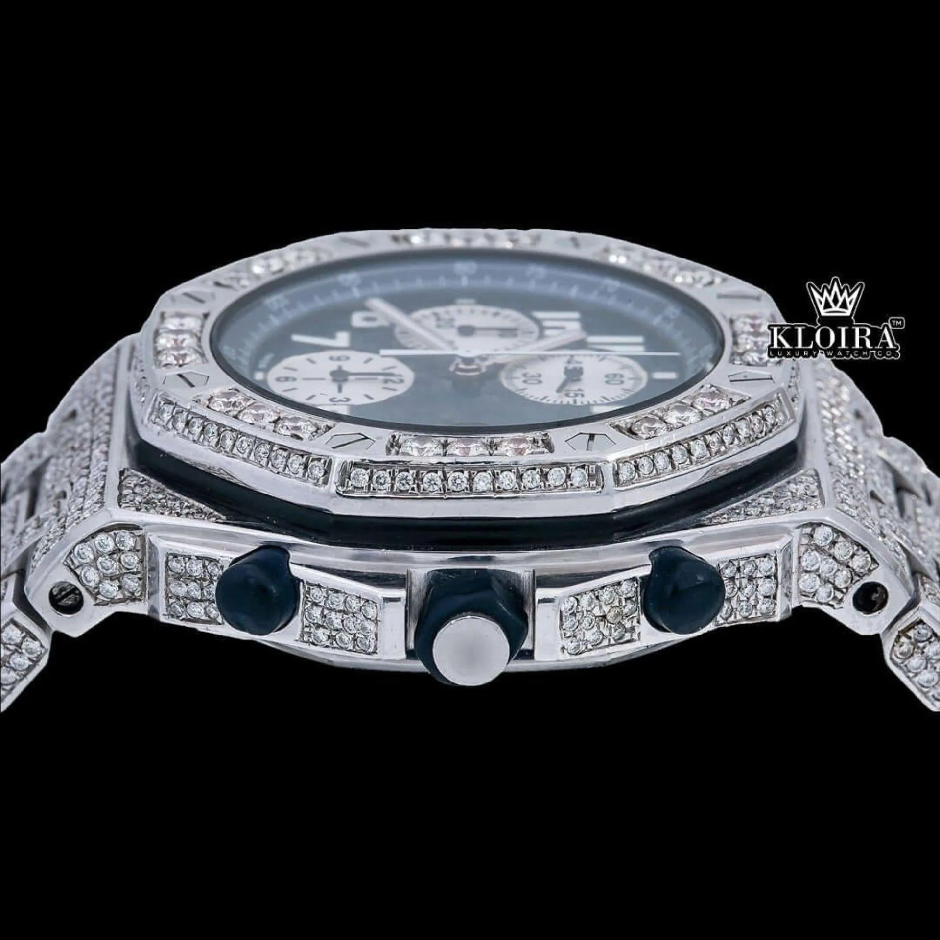 Blue Chronograph Dial Standard Numerals Fully Iced Out Moissanite Watch Crown View