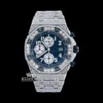 Blue Chronograph Dial Standard Numerals Fully Iced Out Moissanite Watch Front View