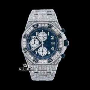 Blue Chronograph Dial Standard Numerals Fully Iced Out Moissanite Watch
