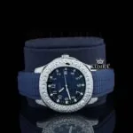 Blue Dial Blue Rubber Strap Semi Iced Out Moissanite Watch Close Up Dial View