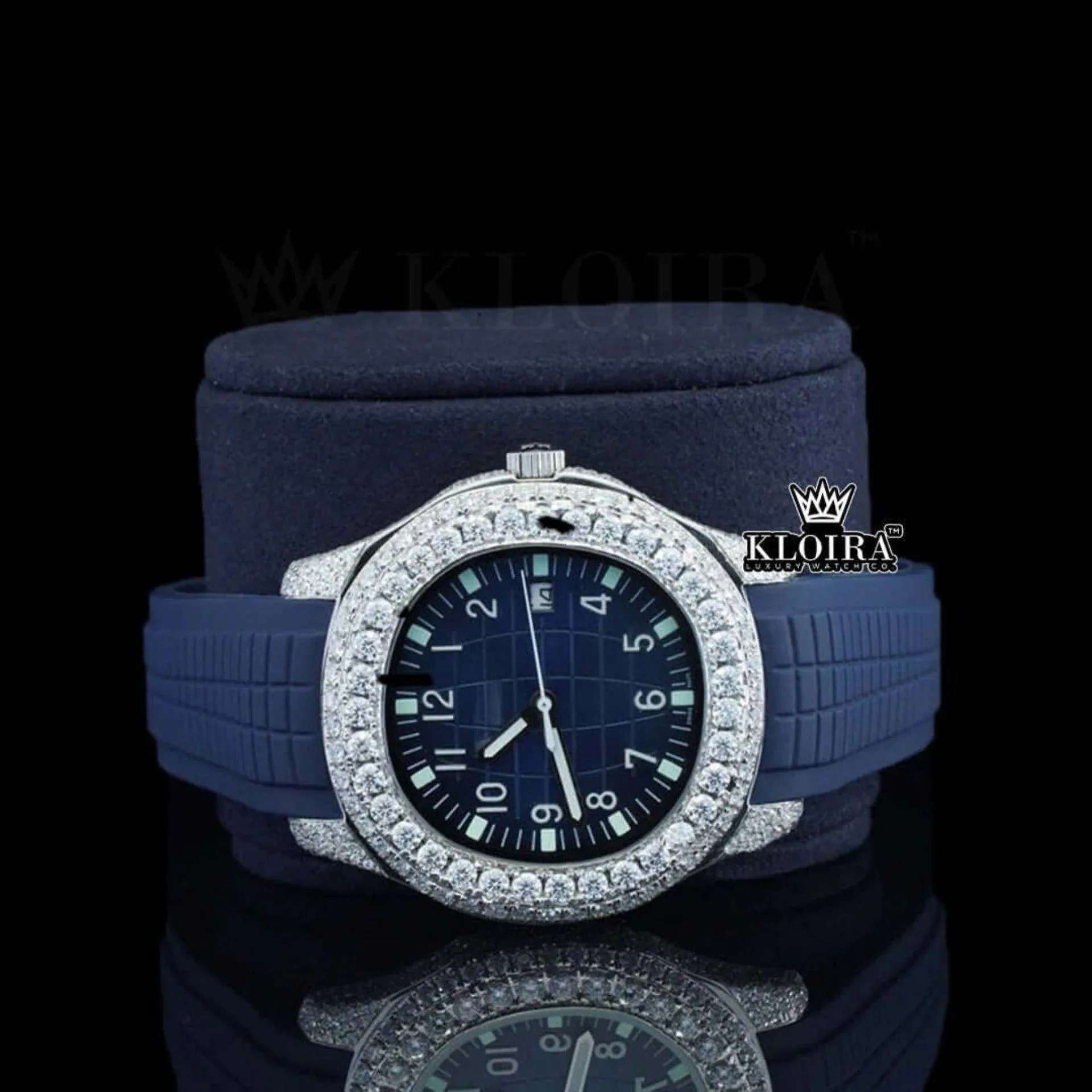 Blue Dial Blue Rubber Strap Semi Iced Out Moissanite Watch Close Up Dial View