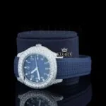 Blue Dial Blue Rubber Strap Semi Iced Out Moissanite Watch Left Profile View