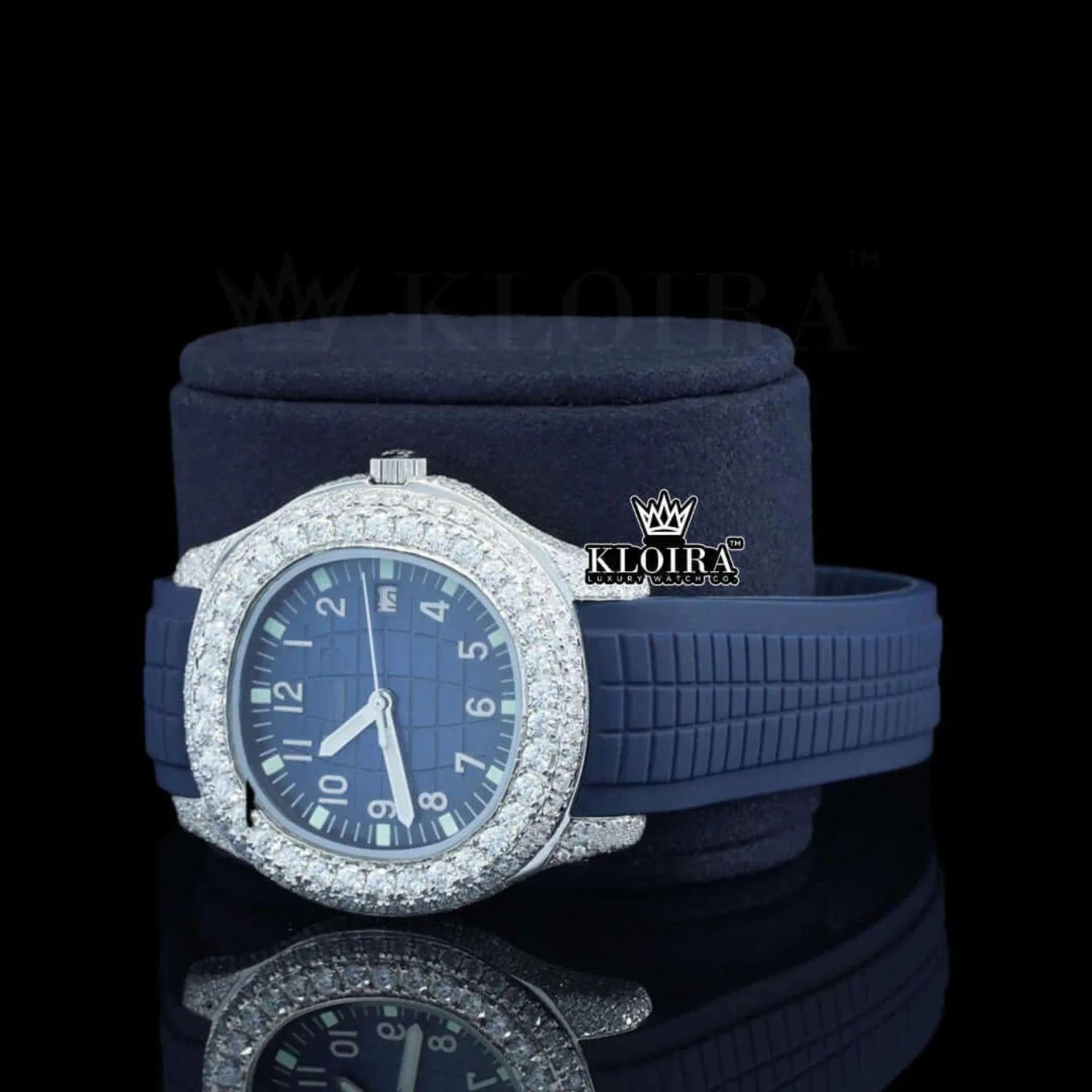 Blue Dial Blue Rubber Strap Semi Iced Out Moissanite Watch Left Profile View