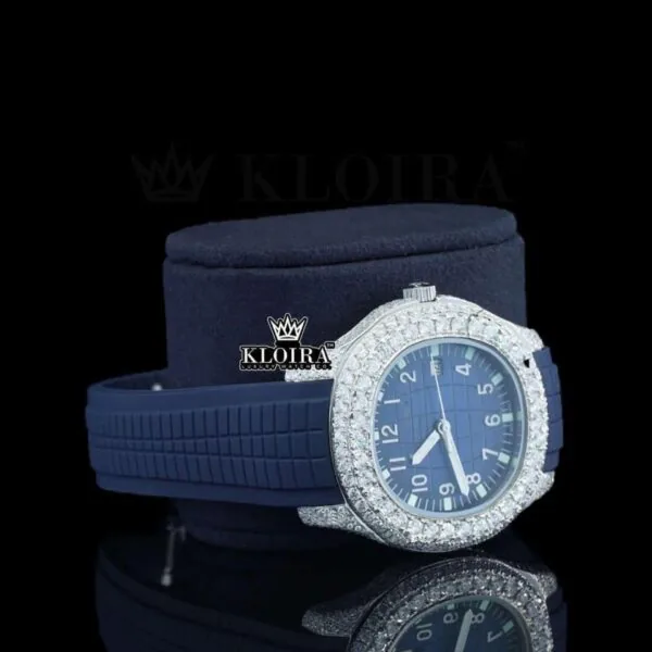Blue Dial Blue Rubber Strap Semi Iced Out Moissanite Watch Right Profile View