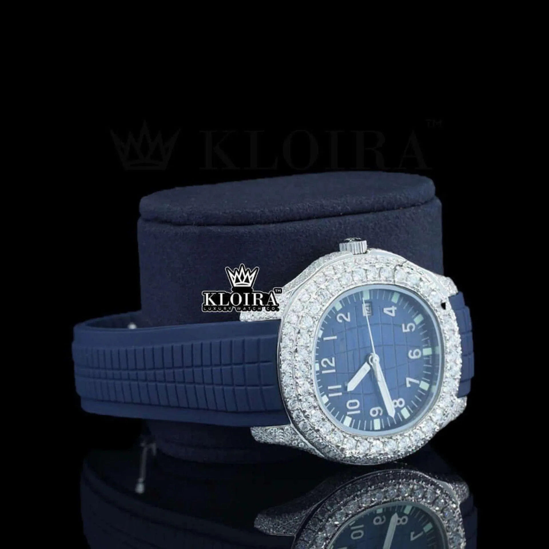 Blue Dial Blue Rubber Strap Semi Iced Out Moissanite Watch Right Profile View