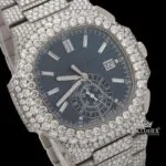 Blue Dial Diamond Markers Chronograph Moissanite Diamond Watch Close Up Dial View