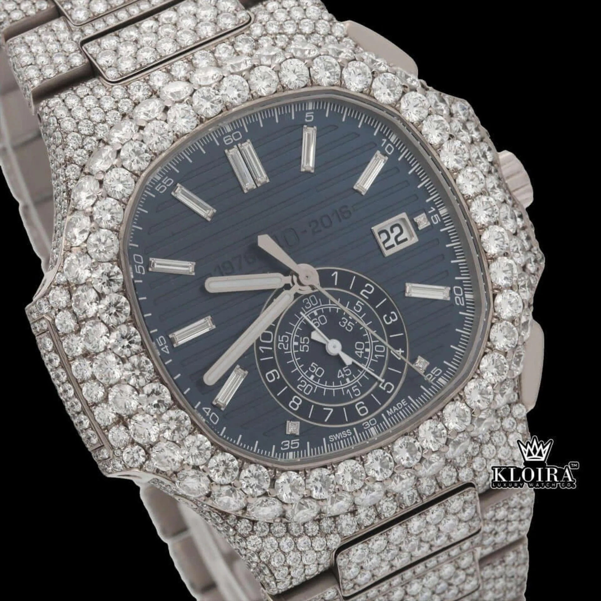 Blue Dial Diamond Markers Chronograph Moissanite Diamond Watch Close Up Dial View