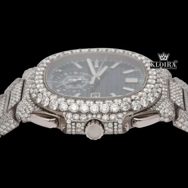 Blue Dial Diamond Markers Chronograph Moissanite Diamond Watch Crown View