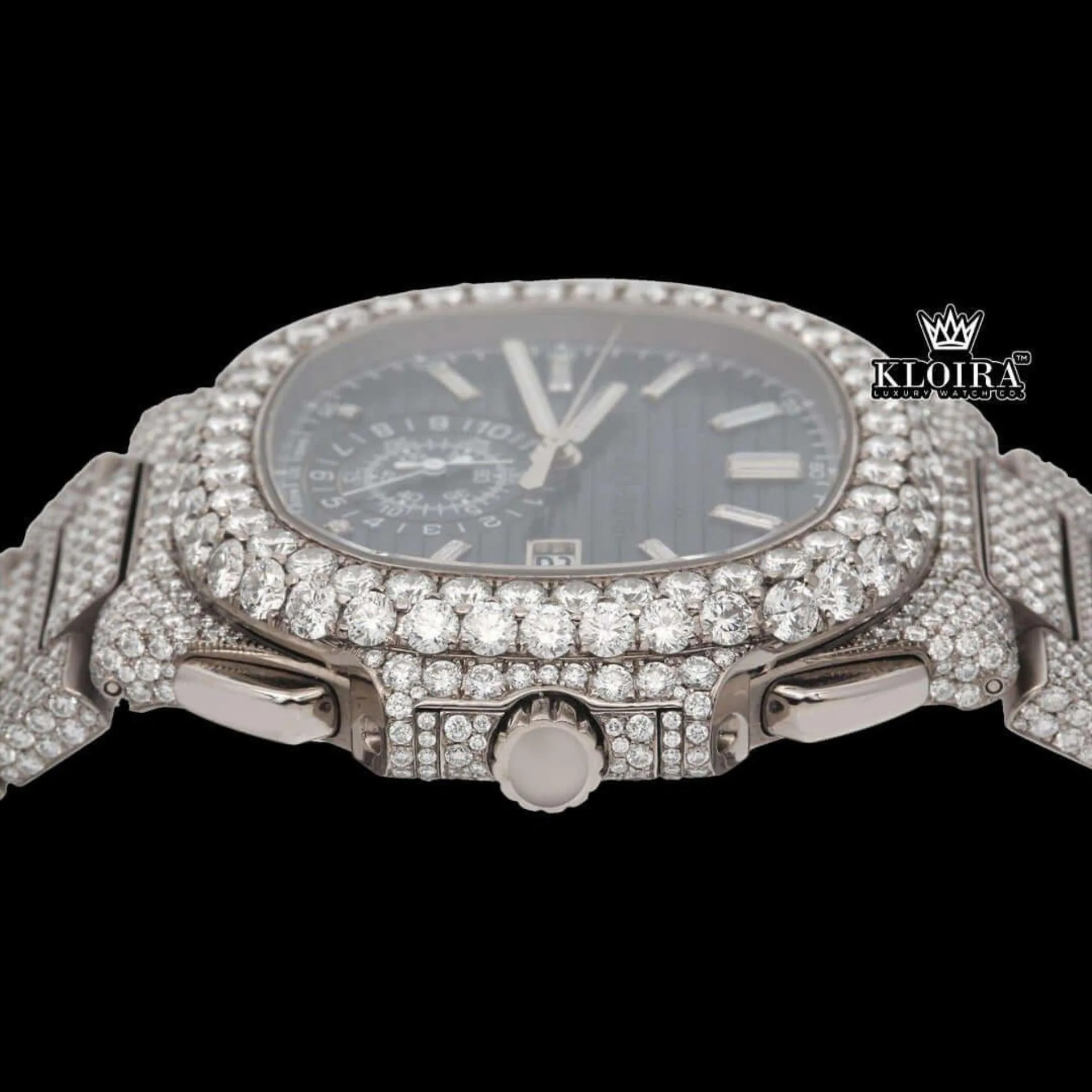 Blue Dial Diamond Markers Chronograph Moissanite Diamond Watch Crown View