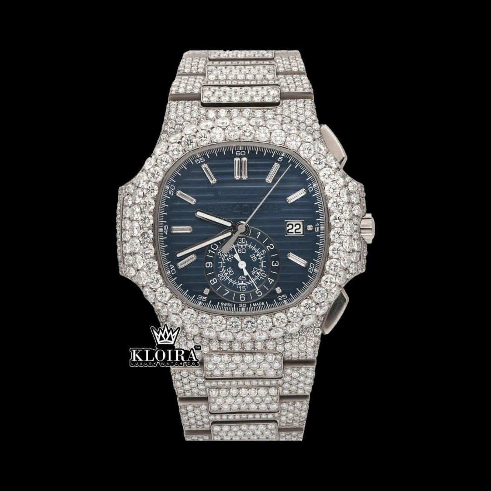 Blue Dial Diamond Markers Chronograph Moissanite Diamond Watch Front View