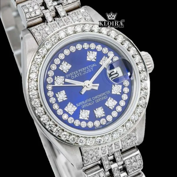 Blue Dial Diamond Markers Fully Iced Out Moissanite Diamond Watch Close Up Dial View