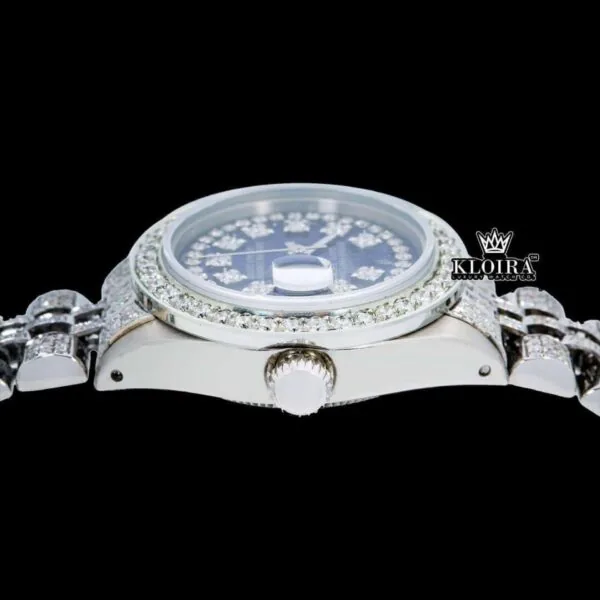Blue Dial Diamond Markers Fully Iced Out Moissanite Diamond Watch Crown View