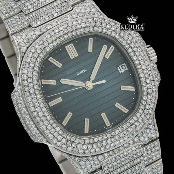 Blue Dial Fully Iced Out Moissanite Diamond Watch Close Up Dial View