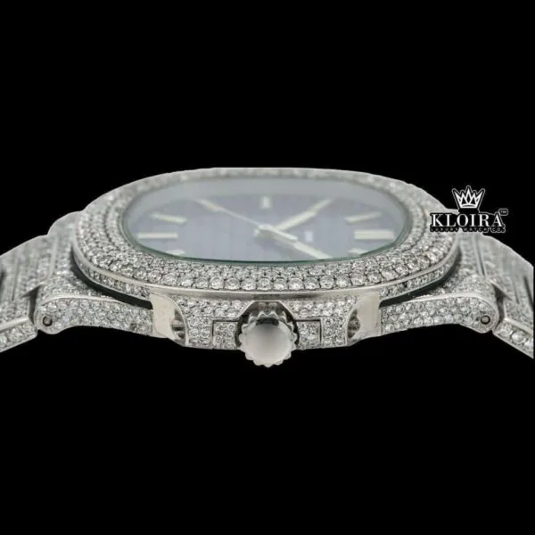 Blue Dial Fully Iced Out Moissanite Diamond Watch Crown View