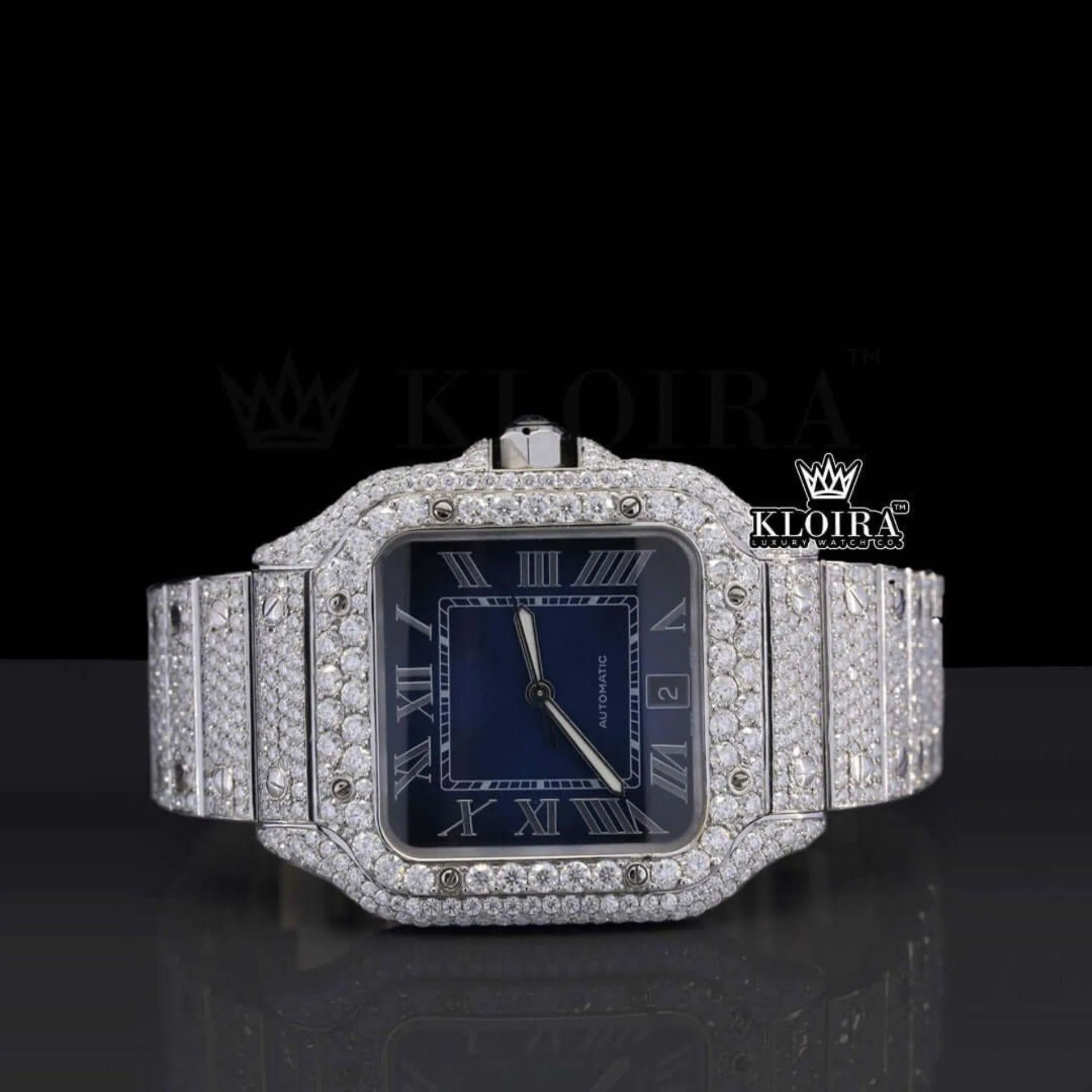 Blue Dial Roman Numerals Bust Down Moissanite Diamond Watch Front View