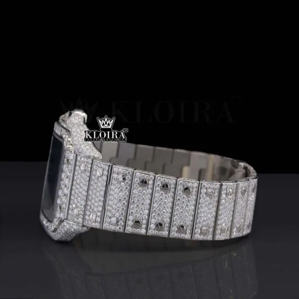 Blue Dial Roman Numerals Bust Down Moissanite Diamond Watch Left Side View