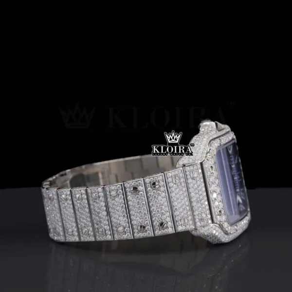 Blue Dial Roman Numerals Bust Down Moissanite Diamond Watch Right Side View