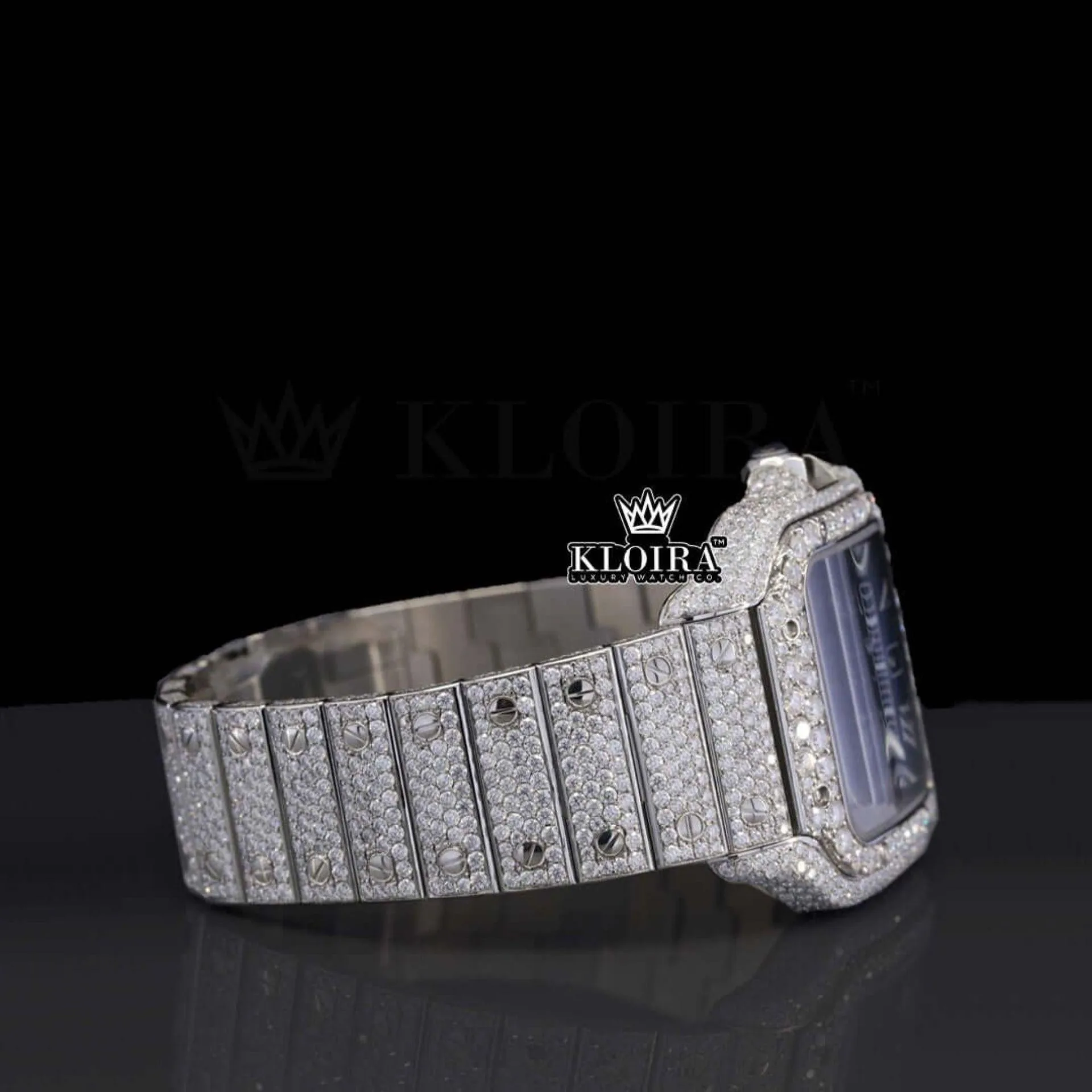 Blue Dial Roman Numerals Bust Down Moissanite Diamond Watch Right Side View