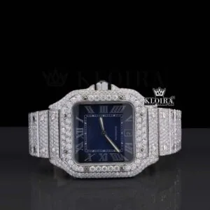 Blue Dial Roman Numerals Fully Iced Out Natural Diamond Watch