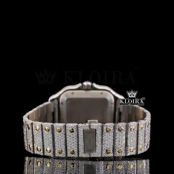 Blue Dial Roman Numerals Two Tone Iced Out Moissanite Diamond Watch Caseback View