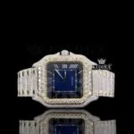 Blue Dial Roman Numerals Two Tone Iced Out Moissanite Diamond Watch