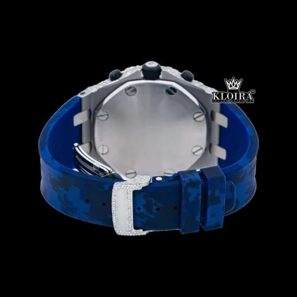 Blue Dial Rose Gold Rubber Strap Moissanite Diamond Watch Caseback View