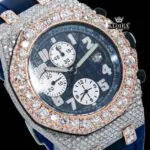 Blue Dial Rose Gold Rubber Strap Moissanite Diamond Watch Close Up Dial View