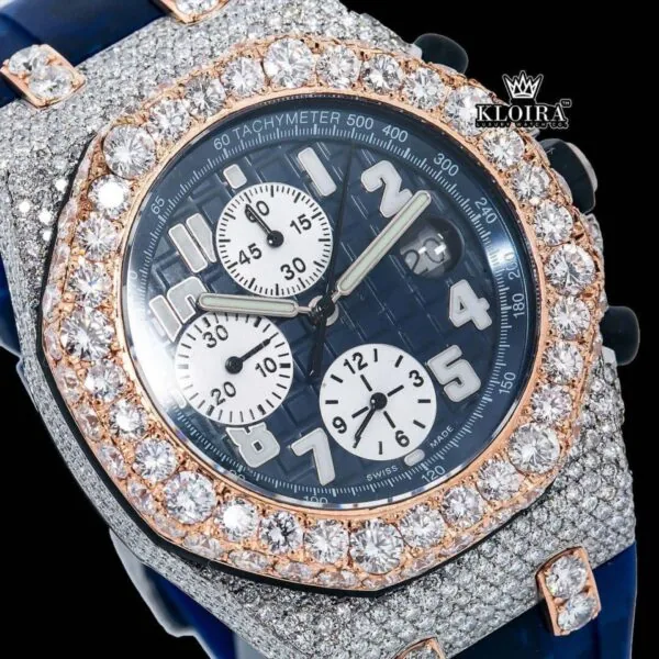 Blue Dial Rose Gold Rubber Strap Moissanite Diamond Watch Close Up Dial View