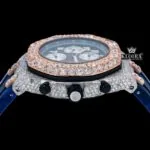 Blue Dial Rose Gold Rubber Strap Moissanite Diamond Watch Crown View