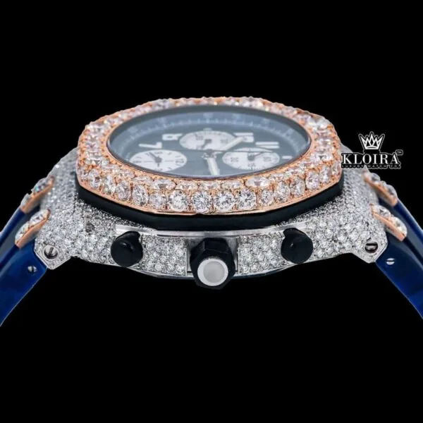 Blue Dial Rose Gold Rubber Strap Moissanite Diamond Watch Crown View