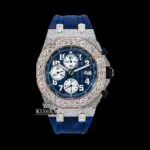 Blue Dial Rose Gold Rubber Strap Moissanite Diamond Watch Front View