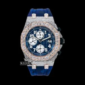 Blue Dial Rose Gold Rubber Strap Moissanite Diamond Watch