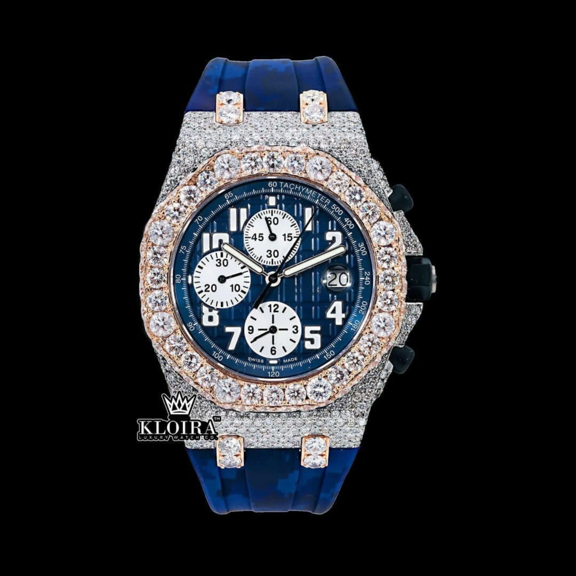 Blue Dial Rose Gold Rubber Strap Moissanite Diamond Watch Front View