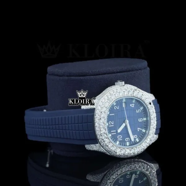 Blue Dial Rubber Strap Semi Iced Out Natural Diamond Watch Right Profile View