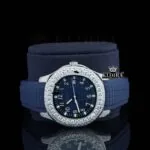 Blue Dial Standard Numerals Semi Iced Out Blue Rubber Strap Moissanite Watch Close Up Front View
