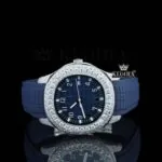 Blue Dial Standard Numerals Semi Iced Out Blue Rubber Strap Moissanite Watch