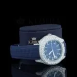 Blue Dial Standard Numerals Semi Iced Out Blue Rubber Strap Moissanite Watch Right Profile View