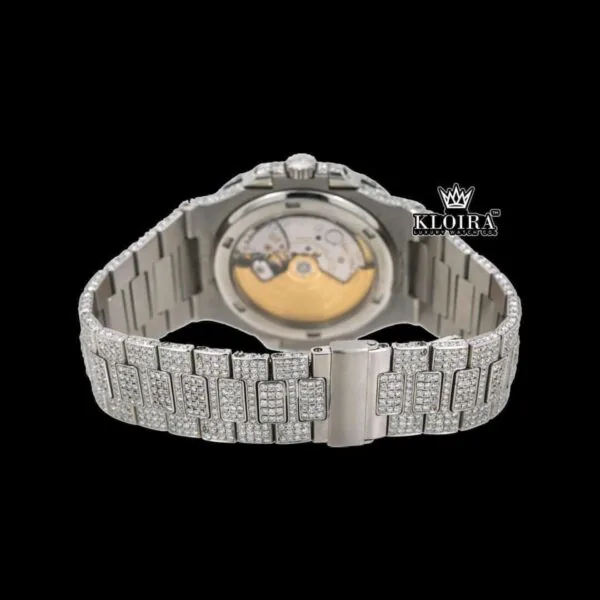 Blue Dial Stick Markers Bust Down Moissanite Diamond Watch Caseback View