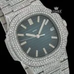 Blue Dial Stick Markers Bust Down Moissanite Diamond Watch Close Up Dial View