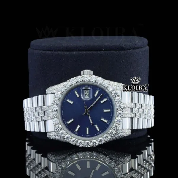 Blue Dial Stick Markers Diamond Link Strap Iced Out Moissanite Watch Close Up Front View