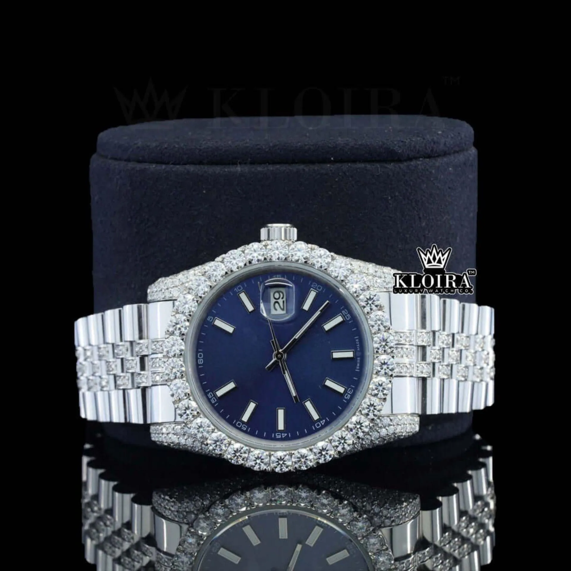 Blue Dial Stick Markers Diamond Link Strap Iced Out Moissanite Watch Close Up Front View