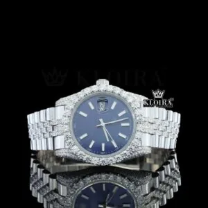 Blue Dial Stick Markers Diamond Link Strap Iced Out Moissanite Watch