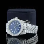 Blue Dial Stick Markers Diamond Link Strap Iced Out Moissanite Watch Left Profile View