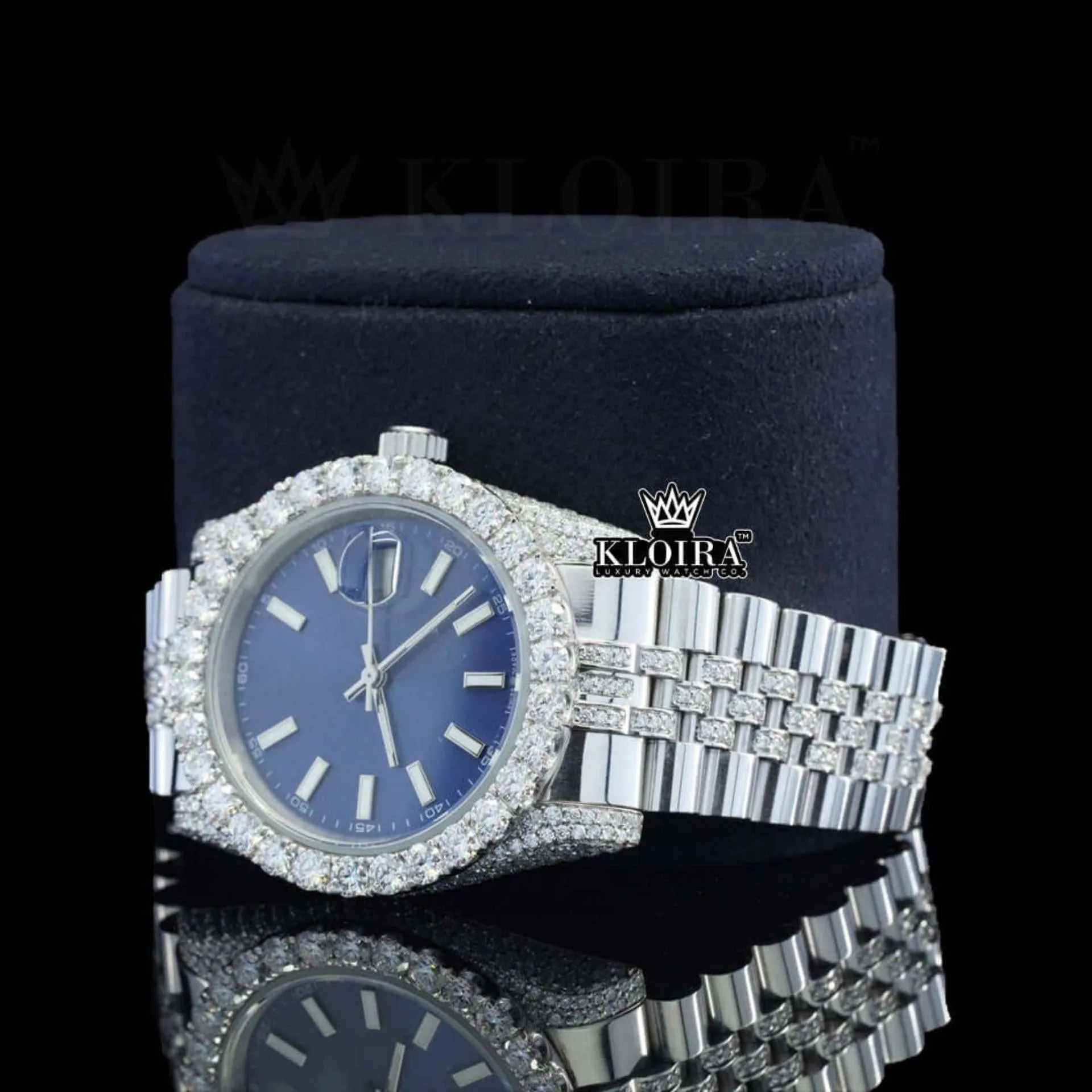 Blue Dial Stick Markers Diamond Link Strap Iced Out Moissanite Watch Left Profile View