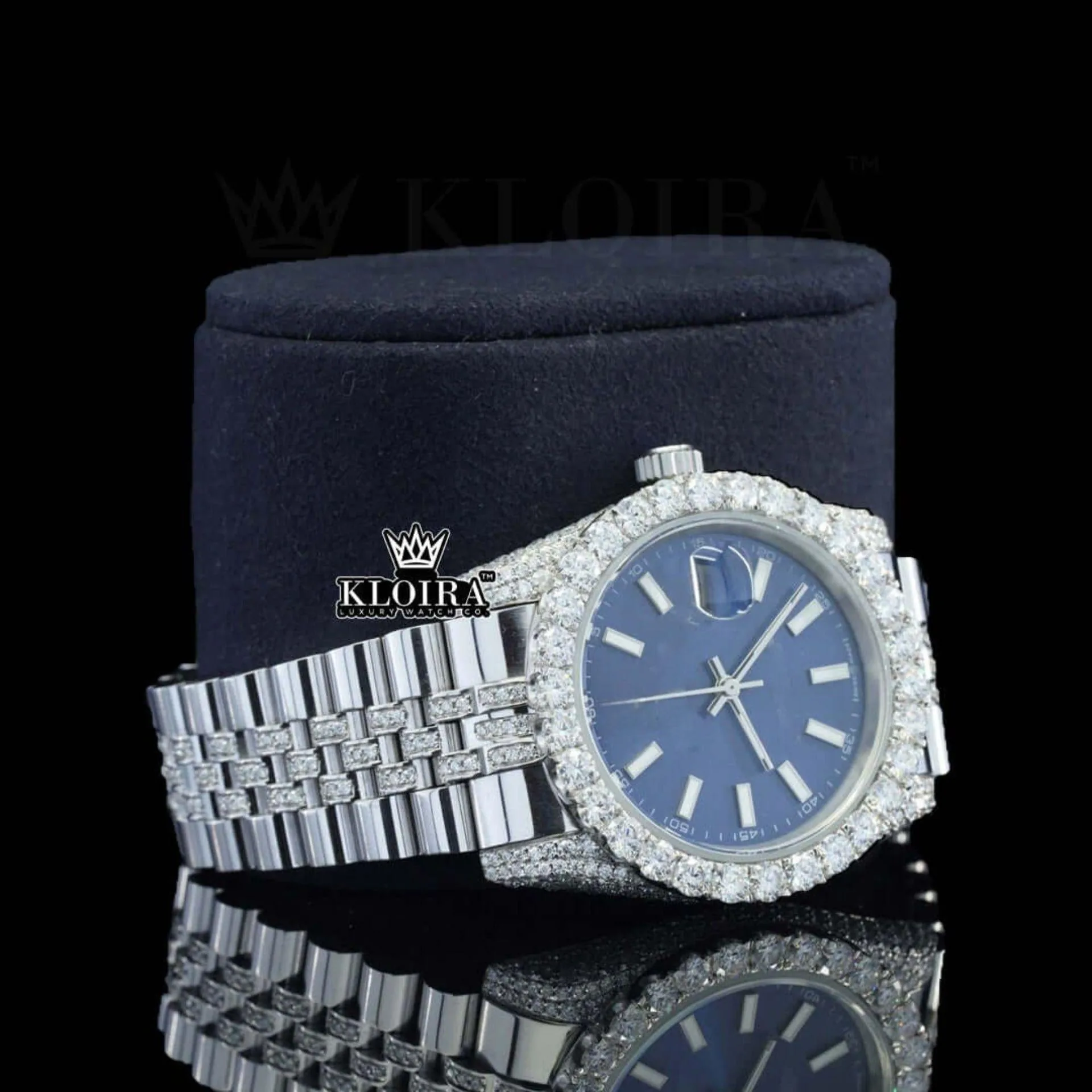 Blue Dial Stick Markers Diamond Link Strap Iced Out Moissanite Watch Right Profile View
