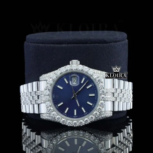 Blue Dial Stick Markers Fully Iced Out White Gold Natural Diamond Watch Close Up Dial View